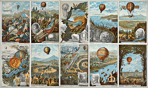 Havacılık tarihi(Üreten: Romanet & cie.) Ayrıntılı bilgi sol aşağı köşesinden saatin ters yönünde: Montgolfier Kardeşler (1784), Annonay'daki ilk balon deneyimi (1783), Charles'nın Paris ilk balon deneymi (1783), Pilâtre de Rozier ve d'Arlandes'nın ilk hava yolculuğu (1783), Charles ve Robert'ın ilk hava yolculuğu (1783), Guyton de Morveau'nun ilk balon direksiyonu denemesi (1784), Blanchard ve Jefferies'nin balonla Manş Denizi geçmesi (1785), Pilâtre de Rozier ve Romain'ın ölümleri (1785), İlk keşif balonu L'Entreprenant'ın Mabeuge'den Charleroi'ya nakli (1794), Fleurus Muharebesi'nde Coutelle'nın bindiği L'Entreprenant balonu, (1794).