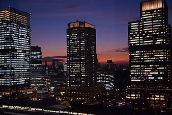 Three buildings in Marunouchi redeveloped in the 2000s; the JP Tower (left), the Marunouchi Building (centre), the Shin-Marunouchi building (right)