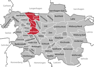 Karte Hannovers, Stadtbezirk Nord hervorgehoben