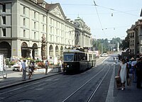 The Grain House (Kornhaus), building on the left, next to tram 9, located on Kornahusplatz in Bern, was a granary built between 1711 and 1715 (photo from 1983)