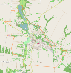 Mapa konturowa Bychawy, w centrum znajduje się punkt z opisem „Parafia św. Jana Chrzciciela i św. Franciszka z Asyżu”