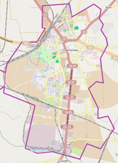 Mapa konturowa Inowrocławia, u góry nieco na prawo znajduje się punkt z opisem „Kościół Zwiastowania Najświętszej Maryi Pannie w Inowrocławiu”