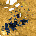 Image 5Lakes of liquid ethane and methane exist on the surface of Titan, Saturn's largest moon. This was confirmed by the Cassini–Huygens space probe, as had been suspected since the 1980s. (Full article…)