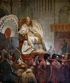 Pius VIII. mit Tiara auf der Sedia gestatoria, zur Seite die Flabelli (1829)