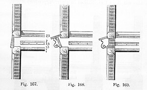 Verschiedene Wetterschutzabdeckungen für die witterungsbeanspruchte Fries- und Deckenbalkenzone des Technischen Fachwerks: Fig. 167 vorgenageltes Schutzbrett; Fig. 168 Deckbrett mit Schrägbrett; Fig. 169 Deckbrett auf Konsolen und zusätzlich abgeschrägter Formziegel (Franz Stade, 1904[14])