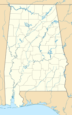 Mapa konturowa Alabamy, po lewej nieco u góry znajduje się punkt z opisem „<em lang="en">University of Alabama</em>”