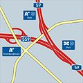 „Fork” de:Autobahndreieck Porz, red=freeways, yellow=roads (German call it highway-"triangle" (Autobahn-"Dreieck", "Fork" is an incomplete "triangle"))