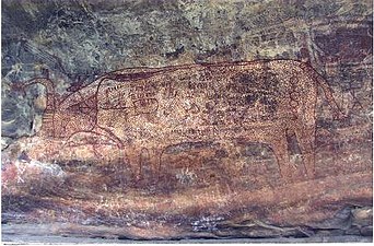 Rock painting dated to 8,000 - 3,000 BCE depicting a humpless bovine.[42][43]