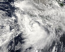 A photograph of a tropical storm near the Pacific coast of Mexico