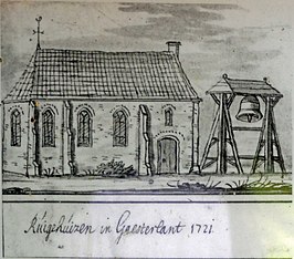 Tekening van de kerk van Ruigahuizen door Jacobus Stellingwerff uit 1721