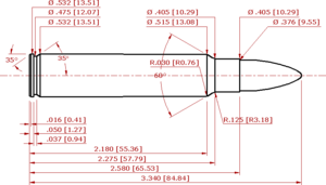 technische Zeichnung der Patrone; Bemaßung in Zoll (mm)