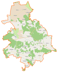 Mapa konturowa gminy Świerzno, po lewej nieco na dole znajduje się punkt z opisem „Margowo”