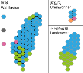 Wahlkreisergebnisse in den 73 Wahlkreisen, die 6 durch die Ureinwohner und die 34 über Landeslisten gewählten Abgeordneten in hexagonaler Darstellung (Farben wie beschrieben)