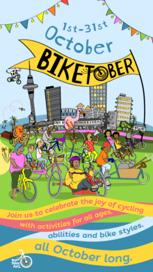 Colourful illustration of lots of kinds of people on a variety of bikes in front of the Auckland skyline