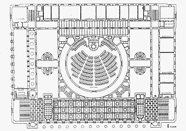 Floor plan of the second floor. In the middle is the State Hall, the Session Hall and the speakers' rooms, on the left is the cafeteria and one of the three meeting rooms specifically reserved for female MPs. On the right, the meeting rooms reserved for the use of the parliamentary councils. Four patios are located on both sides of the Parliamentary House's Session Hall.