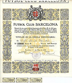 Mortgage bond of Futbol Club Barcelona for 100 pesetas, issued on ngày 24 tháng 5 năm 1922 in Barcelona, signed as president in the original by the club's founder Joan Gamper