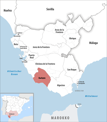 Die Lage des Gerichtsbezirk Barbate in der Provinz Cádiz