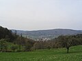 Reichenbach vor dem Felsberg, links zieht sich die Abbaulinie des Baryt-Quarz-Ganges den Teufels-Berg-Hang hoch, dahinter der Granodiorit-Melibokus