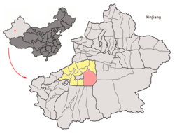Location of Shayar County (red) within Aksu Prefecture (yellow) and Xinjiang