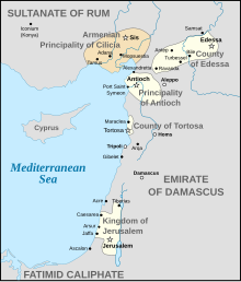 The borders of four nascent crusader states and the nearby Cilician Armenia depicted on a map of the eastern Mediterranean