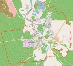 Mapa konturowa Nowogrodu Bobrzańskiego, blisko centrum na prawo znajduje się punkt z opisem „Nowogród Bobrzański (prawobrzeżny)”