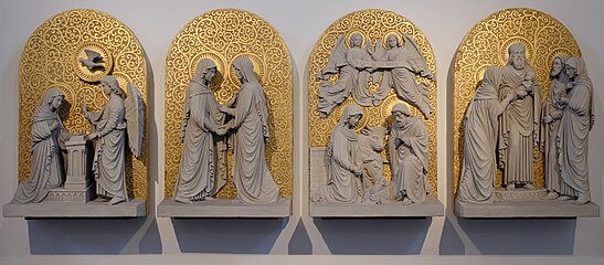 Geburtszyklus mit vier Darstellungen von Maria aus dem ehemaligen Hochaltar: Verkündigung mit Gabriel, Besuch von Elisabeth, Krippenszene, im Tempel mit Simeon