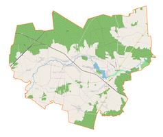 Mapa konturowa gminy Drzewica, po lewej nieco u góry znajduje się punkt z opisem „Radzice”