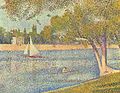 Durch das zurückgenommene triadische Farbschema aus Hellblau, Beige und bräunlichem Grün (statt kontrastreichem Blau, Gelb und Grün) entsteht eine Farbharmonie. Georges Seurat: Die Seine an der Insel Grande Jatte, 1888.