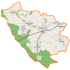 Mapa konturowa gminy Komprachcice, blisko centrum na lewo u góry znajduje się punkt z opisem „Polska Nowa Wieś”