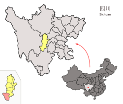 Location of Shimian County (red) within Ya'an City (yellow) and Sichuan