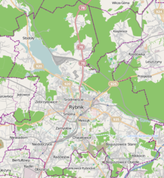 Mapa konturowa Rybnika, blisko centrum na prawo znajduje się punkt z opisem „Parafia św. Jana Sarkandra”