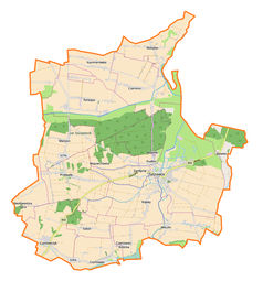 Mapa konturowa gminy Tyszowce, u góry nieco na lewo znajduje się punkt z opisem „Kazimierówka”