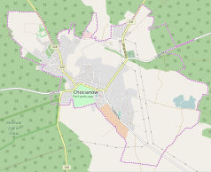 Mapa konturowa Chocianowa, blisko centrum na lewo znajduje się ikonka pałacu z opisem „Pałac w Chocianowie”