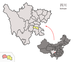 Location of Rong County (red) within Zigong City (yellow) and Sichuan
