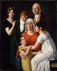 In this painting, the artist, Lucile Messageot (top left, dressed in black) depicted herself with her mother Marie Françoise Clerc (1749-1825) (center, dressed in orange), and her second husband, Judge Claude Antoine Charve (standing, top right), her brother and sister from the first marriage, Xavier Messageot (1782-1844) (top center), and Fanny (bottom right, dressed in white). Bottom center, dressed in yellow, is the young Liberté, future wife of Charles Nodier.