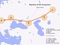 A magyar őstörténet öt állomása: 1. Finnugor őshaza 2. Ural–Aral–Kaszpi háromszög 3. A Kaukázus előtere 4. Etelköz, benne Levédia 5. Kárpát-medence