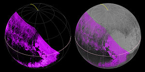 Map of methane ice abundance shows striking regional differences, with stronger methane absorption indicated by the brighter purple colors here, and lower abundances shown in black.