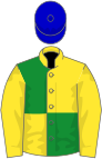 Yellow and green (quartered), yellow sleeves, blue cap