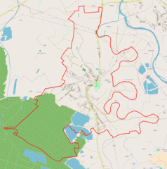 Mapa konturowa Radłowa, w centrum znajduje się punkt z opisem „Synagoga w Radłowie 2017”