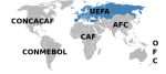 Map of the world with countries belonging to the UEFA marked