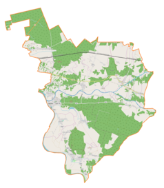 Mapa konturowa gminy Ulanów, na dole znajduje się punkt z opisem „Bieliny”