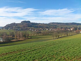 Links der Gerzensee, in der Mitte das Dorf und hinten der Belpberg