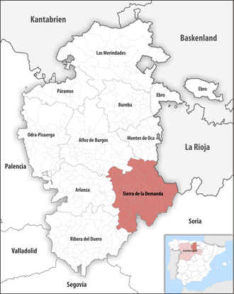 Die Lage der Comarca Sierra de la Demanda in der Provinz Burgos