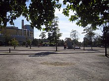 Auf einer ebenen Fläche stehen vereinzelte Bäume. Im Hintergrund erkennt man Gebäude des Potsdamer Platzes.