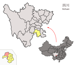 Location of Xuzhou District (red) within Yibin City (yellow) and Sichuan