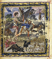 Paris mezmurlar kitabı, Davud, Kuvvet ile beraber aslan ile mücadele ediyor, c. 950, Paris, Fransa Millî Kütüphanesi ms. grec 139, fol. 2v.