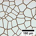 Voronoi tessellation pattern of polygons achieved by the coalescence of dewetting holes.