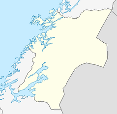 Mapa konturowa Nord-Trøndelagu, na dole nieco na lewo znajduje się punkt z opisem „TRD”