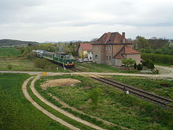 Tourist train at a former train stop in Siekierzice in 2015