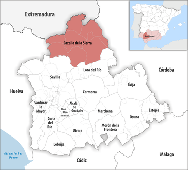 Die Lage des Gerichtsbezirk Cazalla de la Sierra in der Provinz Sevilla